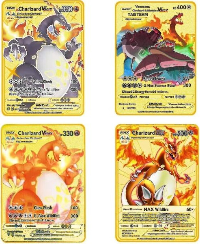 Charizard Vmax Metallkort - 4 stk. Ultra Sjeldne Kort Metallkort V-kort/vmax/ex/dx Samlekort - Gaven til Samlere