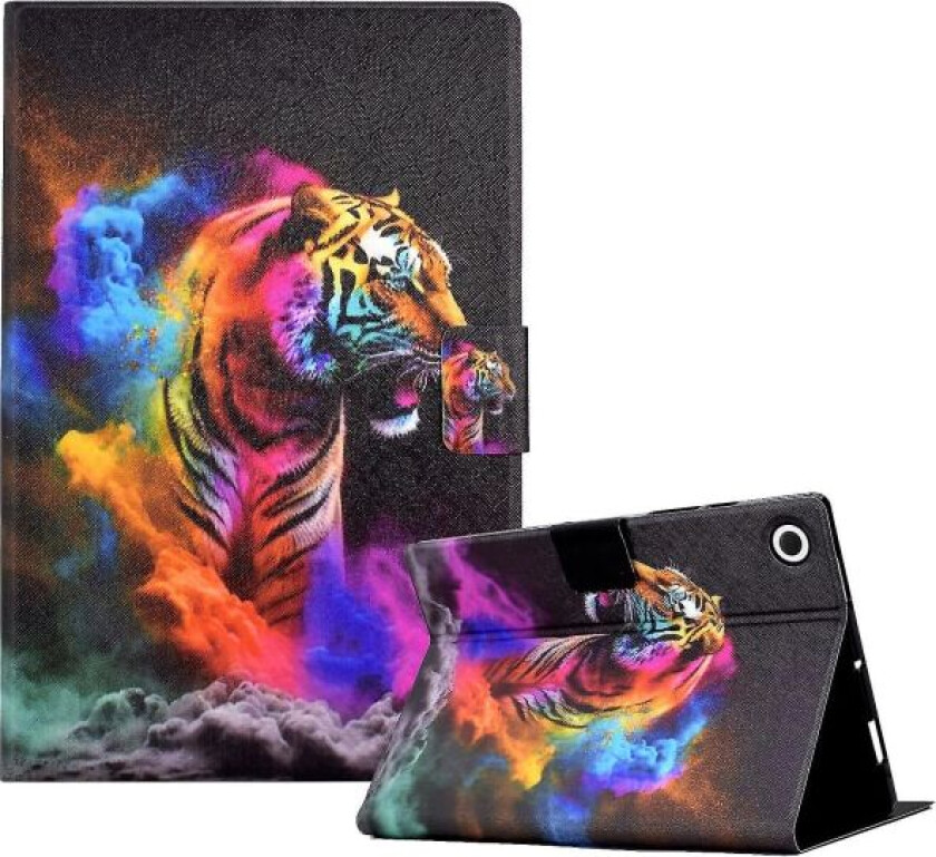 Mønstertrykt lærdeksel for Samsung Galaxy Tab A8 10.5 (2021) X205 / X200 kortspor tabletholder (fargerik tiger)