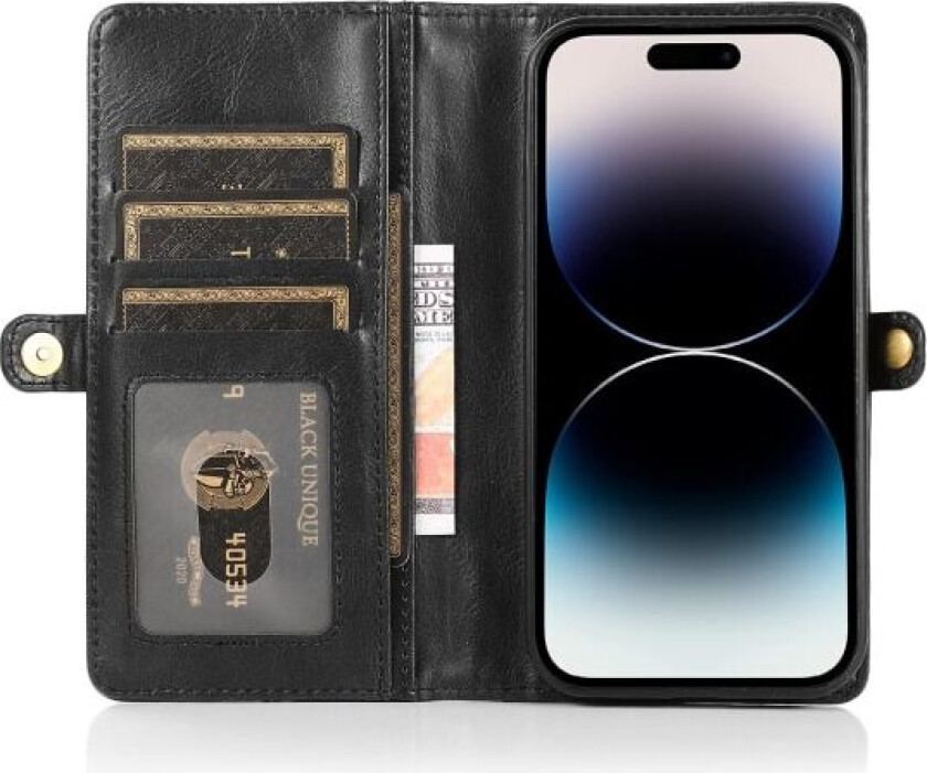 iPhone 15 Plus - Luksuriøst skinn lommebokdeksel med kortholder Svart