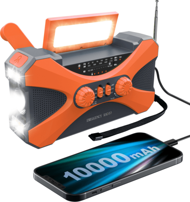 10000mAh solcelledrevet nødradio med sveiv, med håndsveiv kraftproduksjon, lommelykt, USB multifunksjonsradio, oransje orange