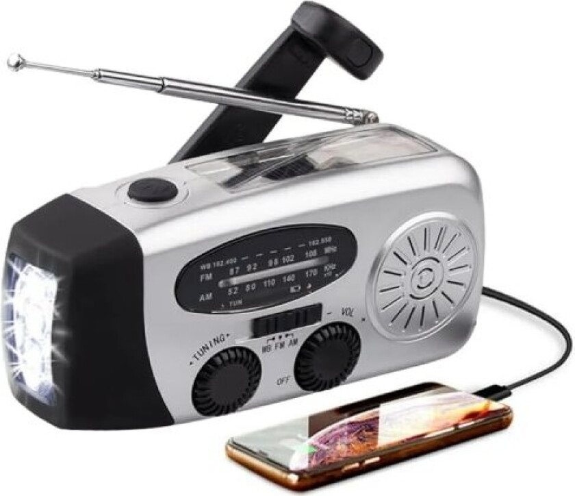 Nødradio med solcelle, håndsveiv, 1200 mAh, AM FM NOAA værradio, LED-lys, USB-lader, utendørs