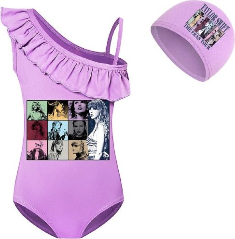 Barn Taylor Swift Ruffle Badetøy Jenter En Del Badedrakt Svømmedrakt Med Badehette Purple 7-8 Years