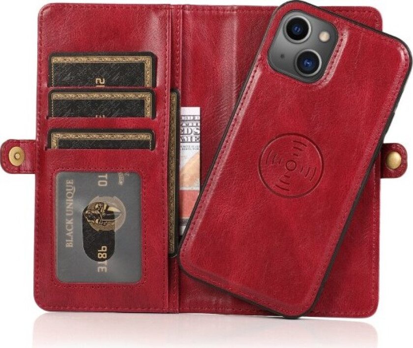 iPhone 15 Plus - Luksuriøst Lommebokdeksel i Lær med Kortlomme Röd