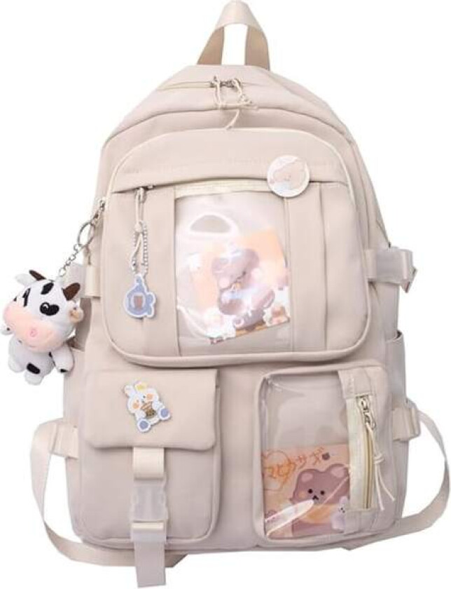 Kawaii Ryggsekk med søte pin-tilbehør plysj-anheng Kawaii Skolesekk Søt estetisk ryggsekk-Beige