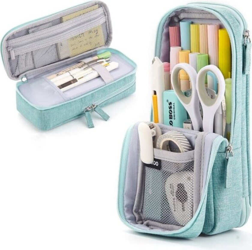 Skoleskrin med stående stasjonær veske, sammenleggbar pennal