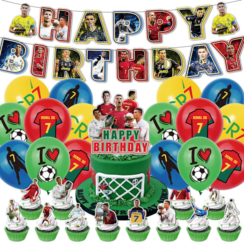 Ronaldo Fotball Gratulerer med dagen Festdekorasjoner Banner Ballonger Kake Topper