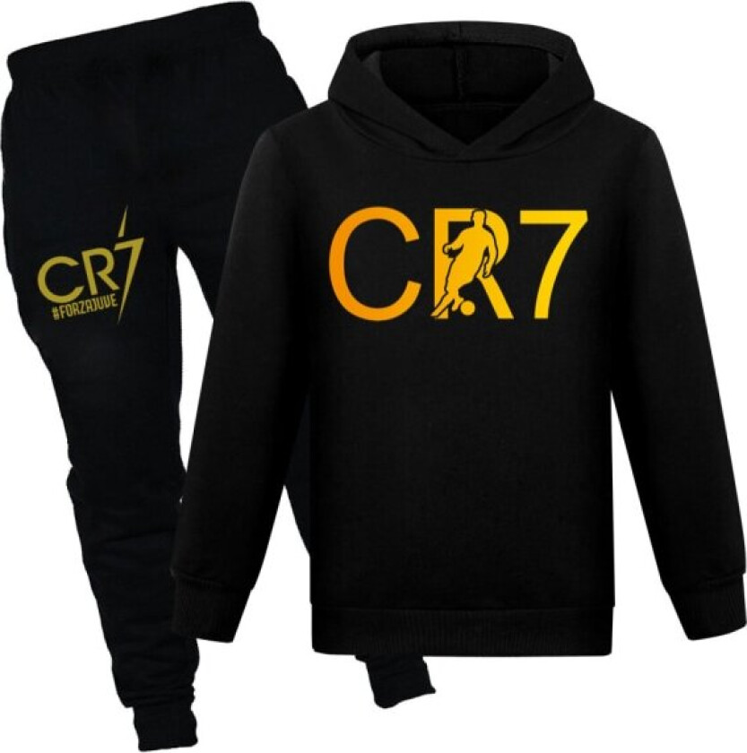 CR7 Ronaldo Barn Gutt Casual Treningsdress Fotball Genser med hette Treningsbukse Genser Outfit Svart Black 150cm