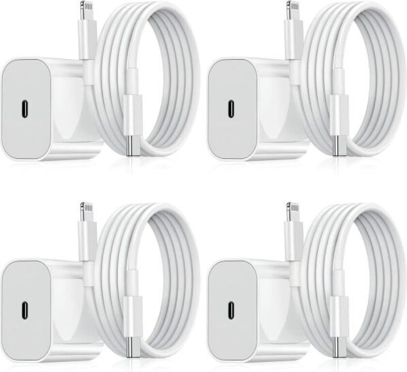 iPhone-lader - Hurtiglader - Adapter + Kabel 20W USB-C Hvit 4-pak iPhone