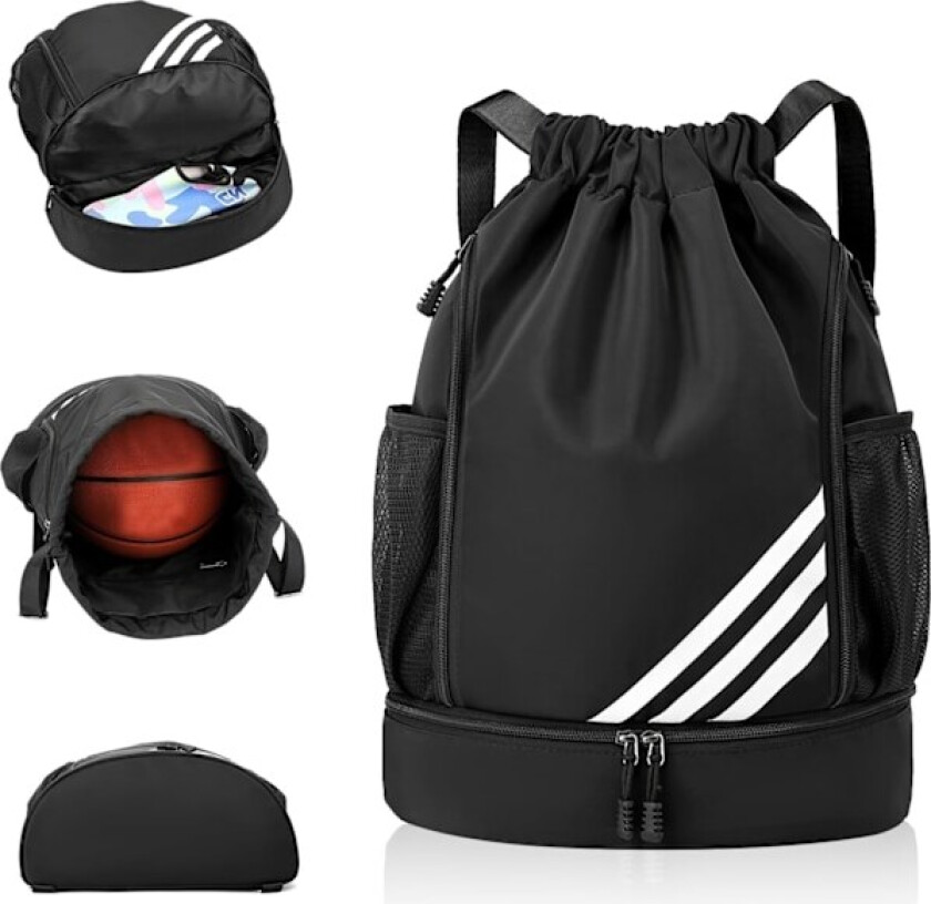 Bilde av Snøresekk, vanntett svømmebag for barn og voksne, stor snøresekk for trening, sportsbag med snøring, unisex PE-bag med skofag Black