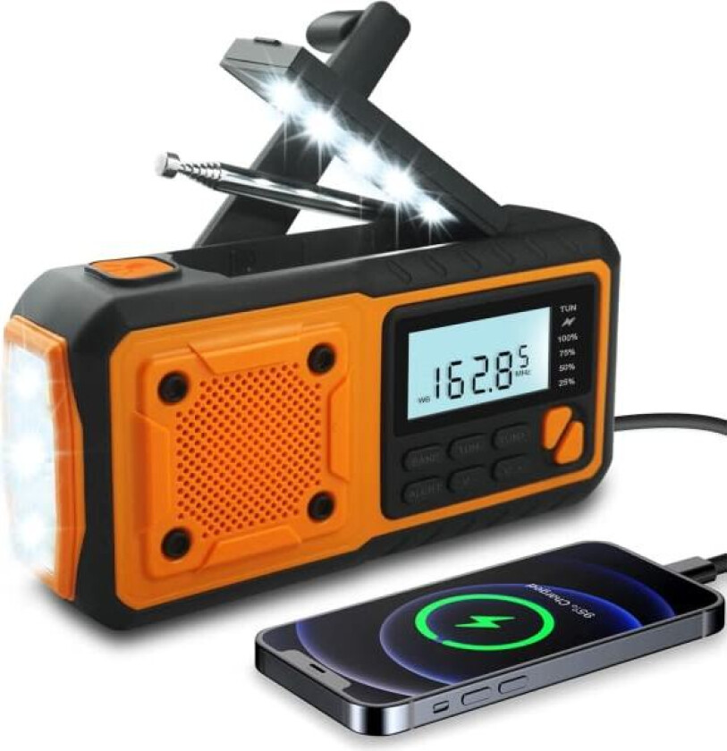 Vevradio, 4000mAh Power Bank Solar Hand Crank Radio, AM/FM/WB/NOAA og Alert Bærbar Værradio