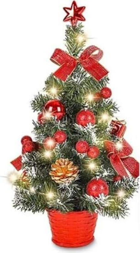 Mini Kunstig Juletre, Lite Juletre Med LED-Lys, Mini Bordtredekorasjon For Kontor, Bar, 40cm (Rød)