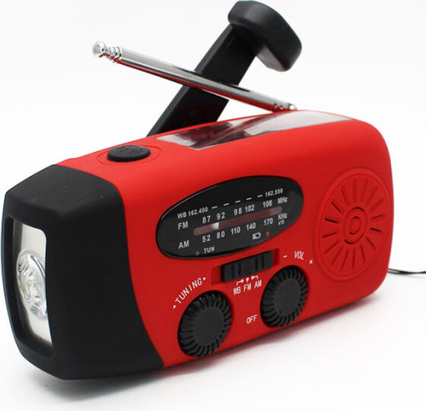 Vevradio med Solcelle, Lommelykt og 2000mAh Powerbank rød SOS EU