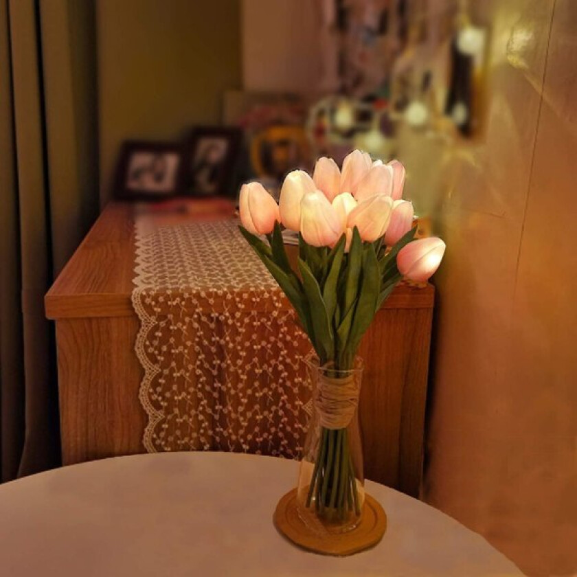 12 stk tulipaner kunstige blomster med LED-lys, ekte touch falsk bukett for hjemmedekor, bordlampe, nattlampe, jul, batteridrevet