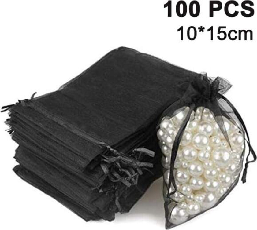 100 stk gjennomsiktige smykkeposer med snøring, gavepose, svart, 10x15cm