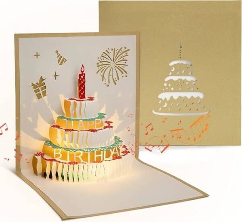 Gratulasjonskort med musikk og lys for kvinner og menn, bursdagsinvitasjon for jente/gutt, 3D popup-kort med konvolutt, gull