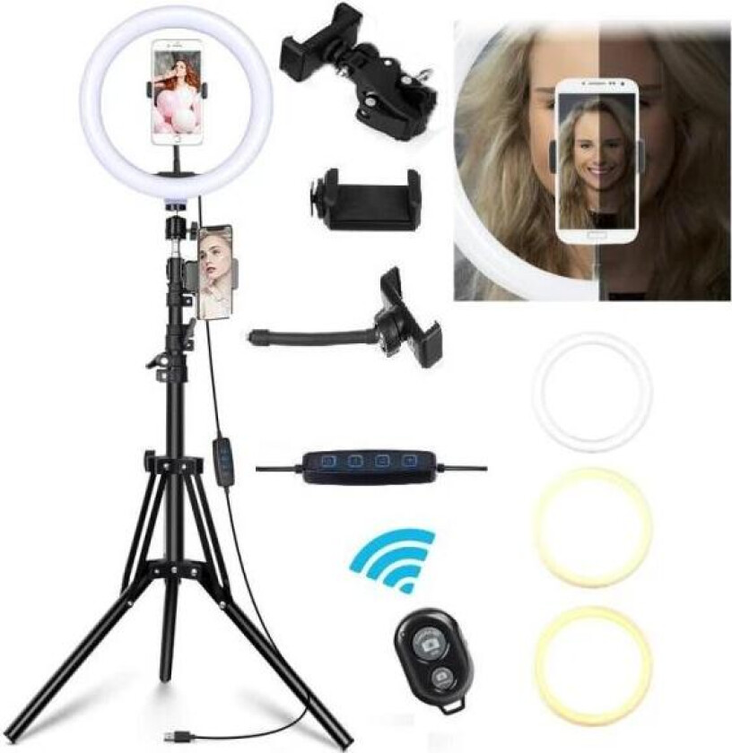 Selfie Lampa LED Ring Light med Ställbart Stativ 50 - 216 cm + Extrafäste för Mobiltelefon + Fjärrkontroll Black