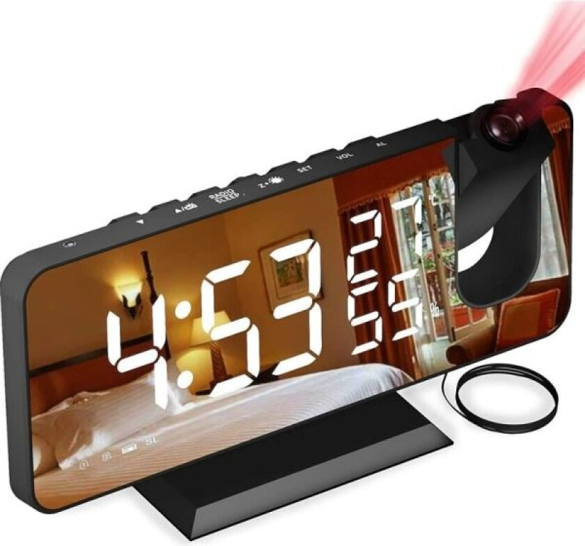 Projektorvekkerklokke med radio, digital klokke, USB-vekkerklokke med dobbel alarm og 7 LED-speilskjerm