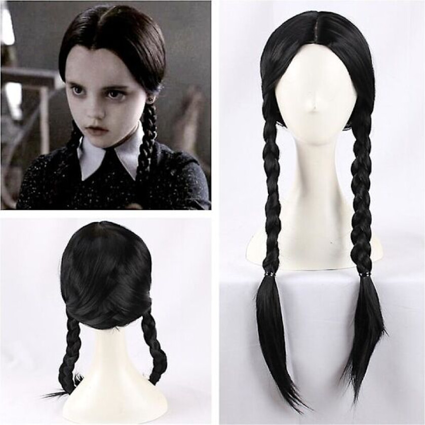 Wednesday Addams Parykk med Parykkhette Svart Parykker for Wednesday Kostyme Lang Svart Flettet Parykk Fletter Parykker for Addams Fest