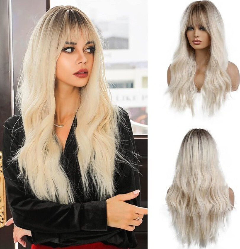 Lang blond parykk med lugg naturlig syntetisk hår ombre blond W