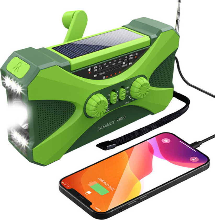 10000mAh solcelledrevet nødradio med sveiv, med håndsveiv kraftgenerering, lommelykt, USB multifunksjonsradio, grønn green