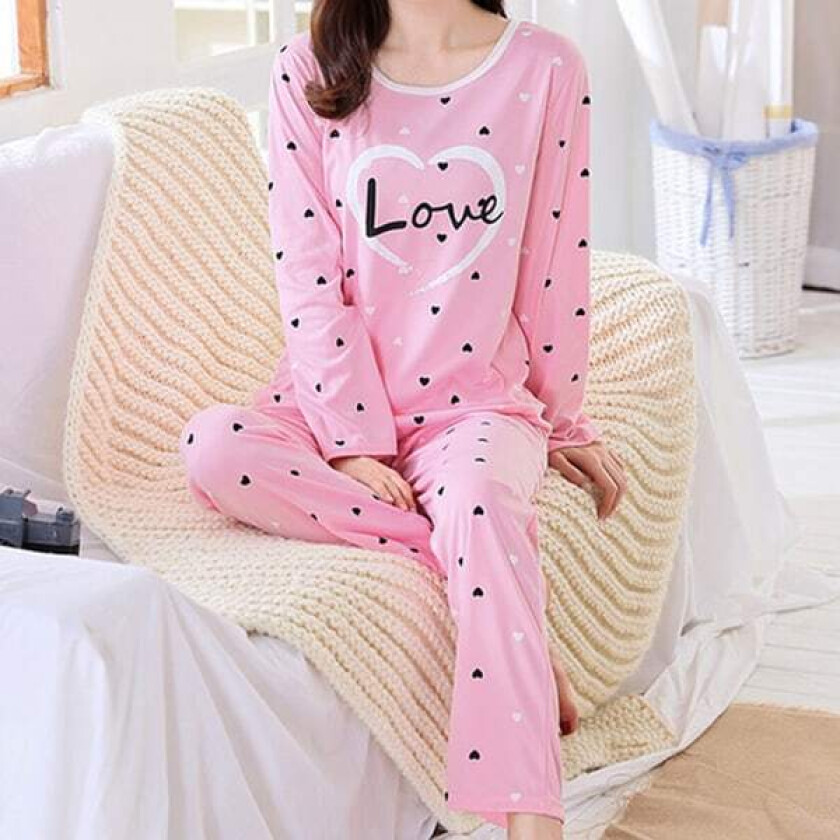 Langermet pyjamas for kvinner, 2-delt buksesett for kvinner pink heart M