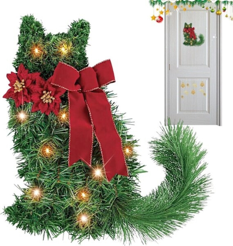 Julekrans, Kunstig Furukongle, Kattformet Julekrans, med Julekuler og LED Lyslenke, Julekrans til Dør, 35cm