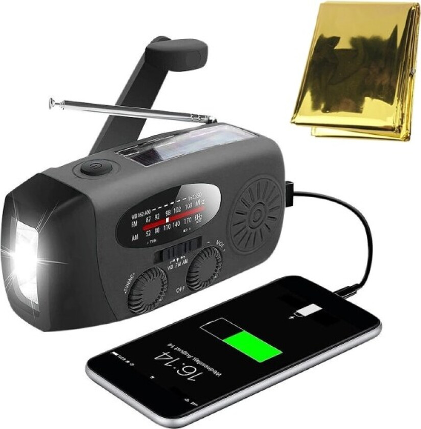 Vevradio med solcellepaneel og nødteppe / Nødradio og Powerbank Blac Black Med laddningskabel