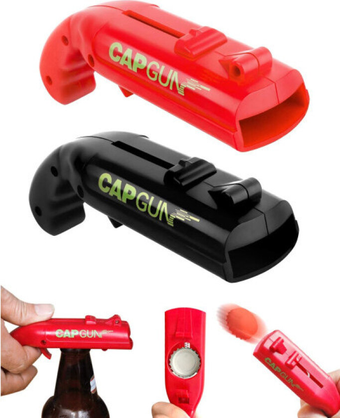 Flaskeåpner, sett med 2 kapselåpnere, leketøypistolformet boksåpner for øl, brus og brus