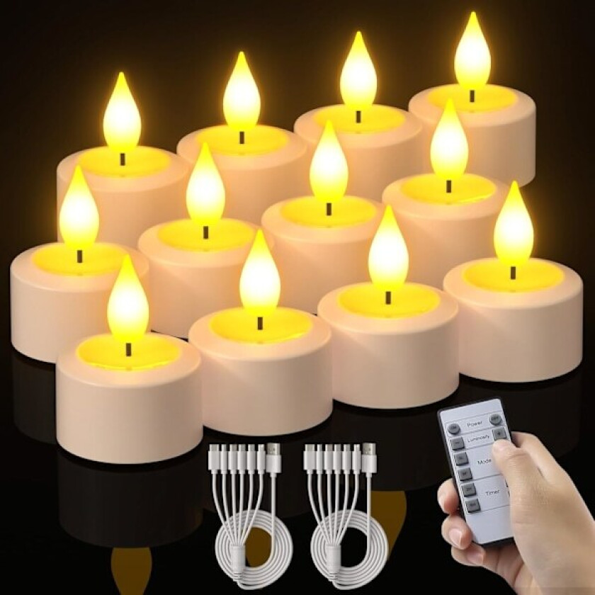 12 stk Ladbare LED Flammeløse Telys med Fjernkontroll og Timer for Hjemmedekor Parent