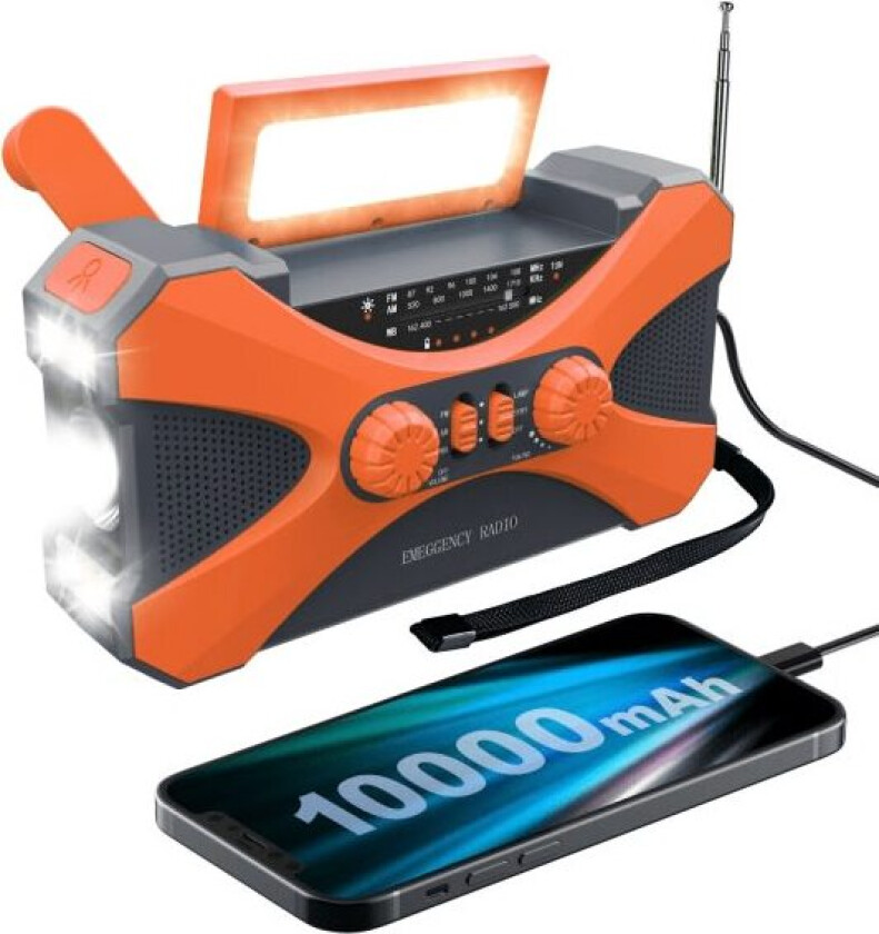10000mAh Solcelled Nødradio med Håndsveiv, Strøm for Håndsveiv, Lommelykt, USB Multifunksjonsradio, Oransje Oransje