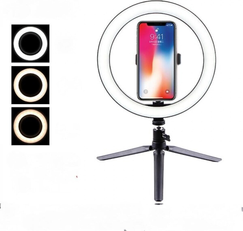 26cm LED Ringlys for Sminke, Video og Studio - Justerbar med 3 Lysmoduser, Enkel å Bære og Installere (FMY)