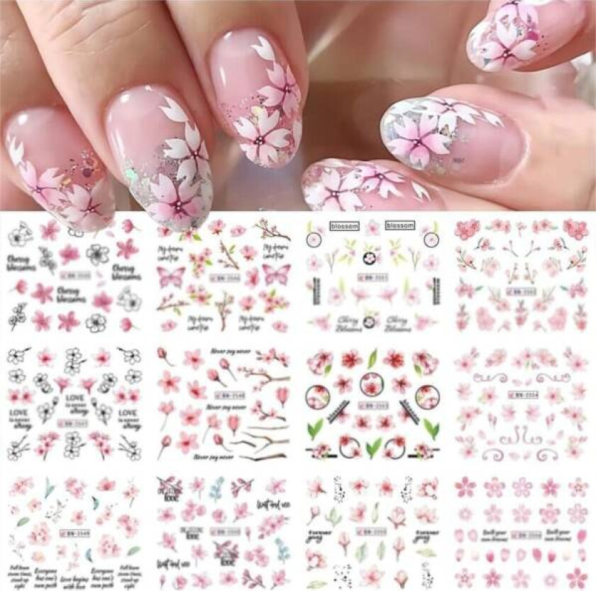 IC 12 stk Rosa blomst Nail Art Stickers Dekaler Søte Kirsebærblomst Negletilbehør Akvarell Blomster Vann Overfør Dekaler Tilbehør