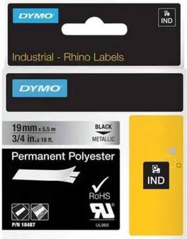 Dymo Tape Rhinopro Permanent Polyester 19mm Svart/metallisk