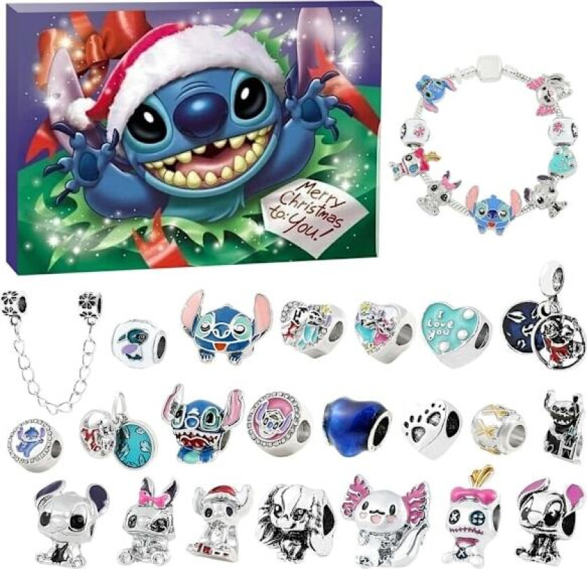 REMAKE Stitch Julekalender Armbånd 2024 for Jenter 24 Dagers Juleteller Kalender DIY Smykkeproduksjonssett 22 Charmsperler 2 Armbånd