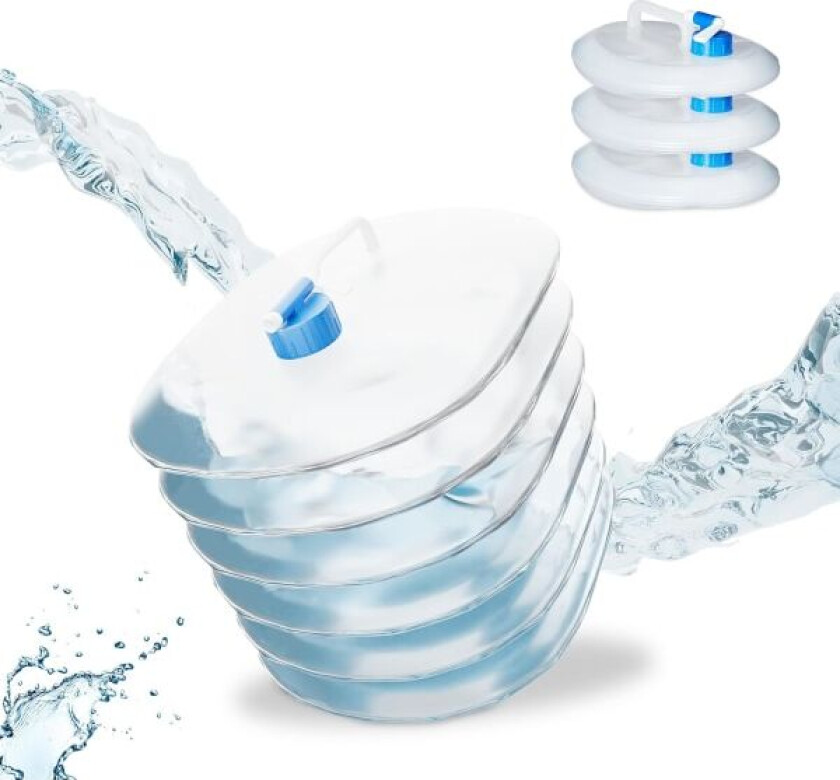 Sammenleggbar vannbeholder, sett med 4, oval, håndtak, med tapp, 15L, drikkevann for camping