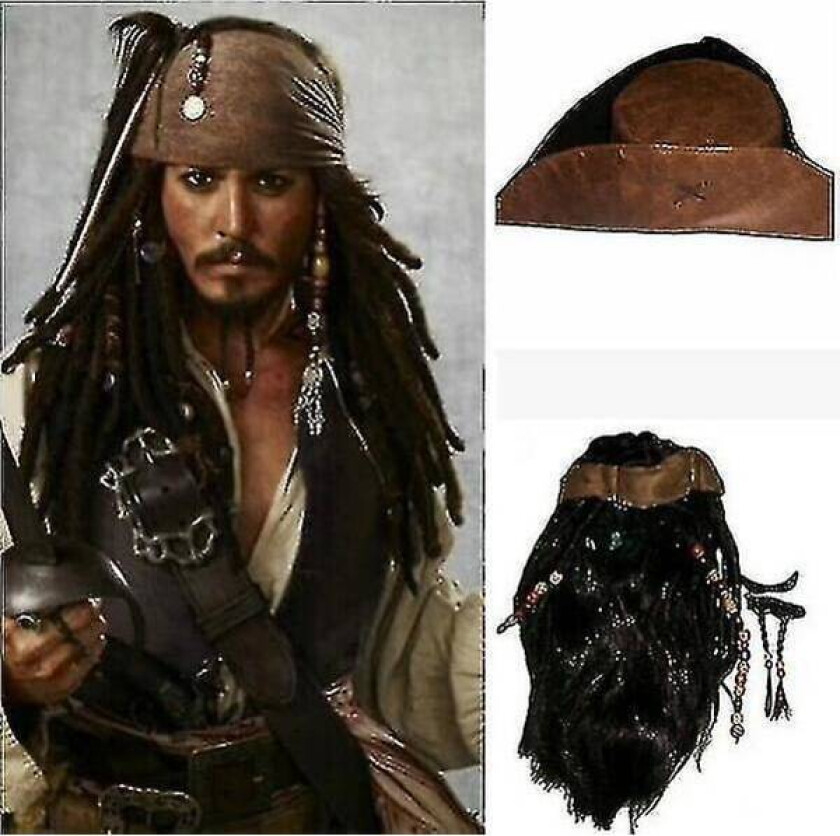 Halloween-parikk for voksne menn, piratkaptein Jack Sparrow-parykk og hatt, Pirates of the Caribbean cosplay-tilbehør
