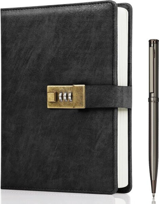 Dagbok med lås, A5 PU-lærjournal med lås 240 sider, Vintage Lock Journal Passordbeskyttet notatbok med penn og gaveeske, 8,6 x 5,8 tommer