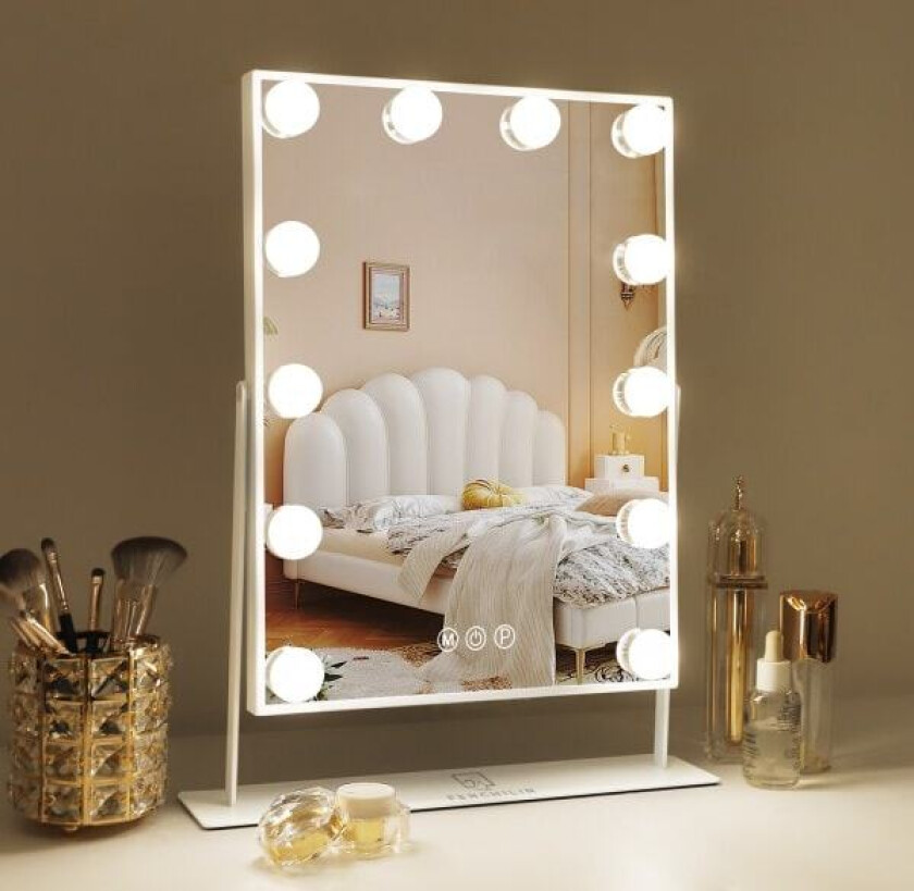 FENCHILIN Hollywood sminkespeil med lys 360° roterbar bordplate hvit 30 x 41cm speil hvit 30 x 41cm