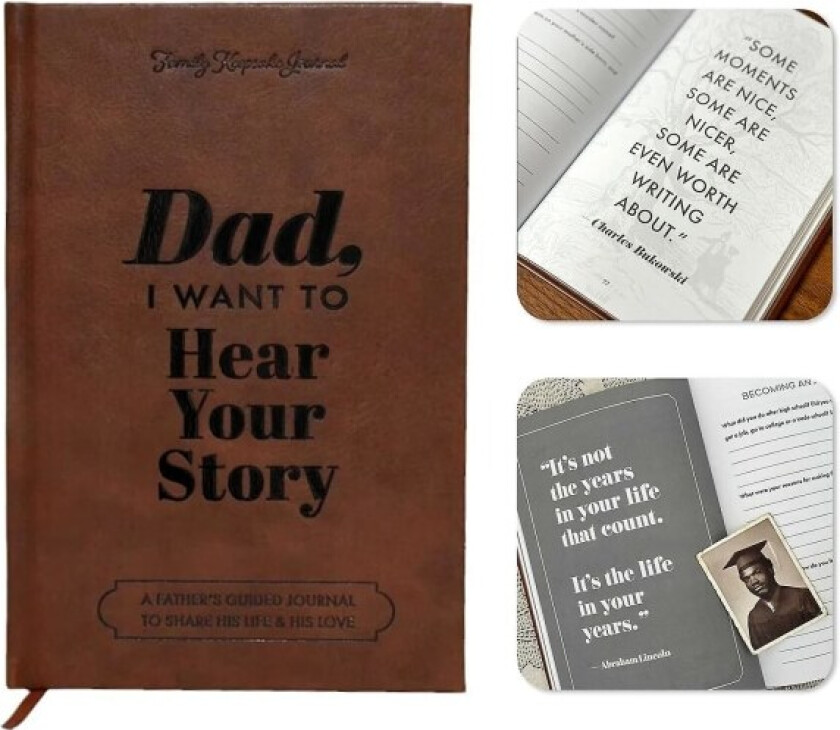 Pappa, jeg vil høre din historie Notatbok, skinninnbundet hardback, svart gullfoliebokstaver, fars guidet journal for å dele sitt liv og sin kjærlighet
