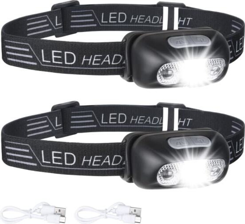 2-pakning USB-oppladbar hodelykt, IPX6 vanntett, ultralett superlys 160 lumen LED-hodetlykt med bevegelsessensor og rødt lys