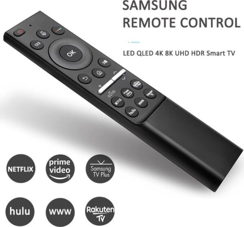 Universal Bluetooth-stemmestyrt fjernkontroll for Samsung TV LED QLED 4K 8K UHD HDR Smart-TVer Netflix Prime Video uten stemmestyring