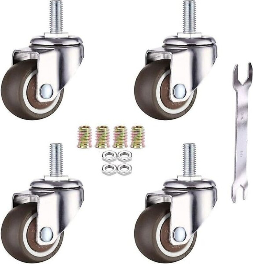Sett med 4 svingbare møbelhjul - M6 X 15mm - Med 25mm gjenger - Myk gummi - Tpe-gjenger - Mini møbelhjul (25mm)