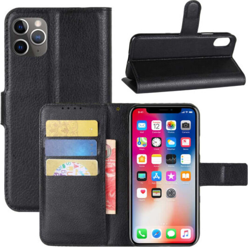 iPhone 11 Pro Wallet Case Black Leather Leather Case svart