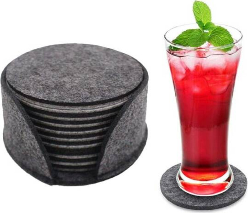 10-pak reversible coasters i grå filt med grå holder