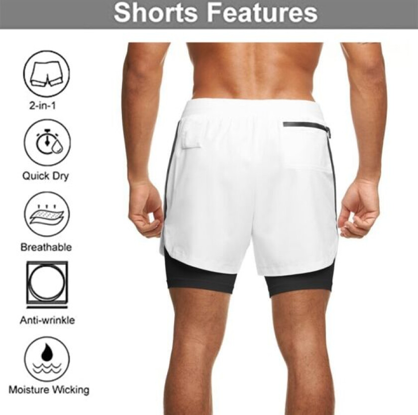 1 stk. 2-i-1 treningsshorts for menn, lett, hvit, L