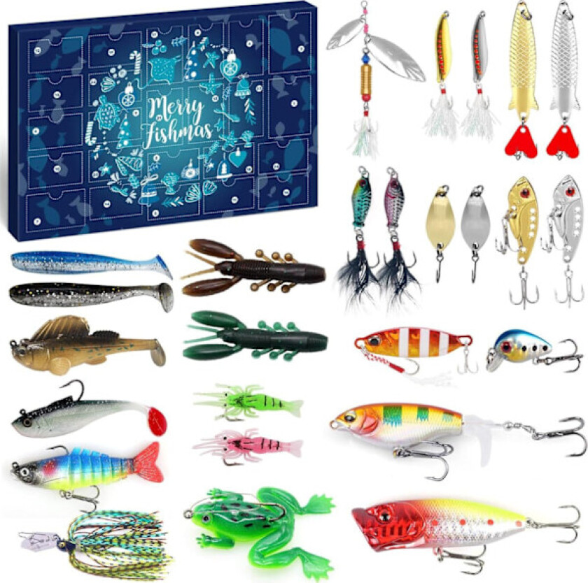 Adventskalender for Fiske 2024 - Fiske Agnssett, Fiskeutstyr for Voksne Menn Gutter, Fisketilbehør (24 stk)