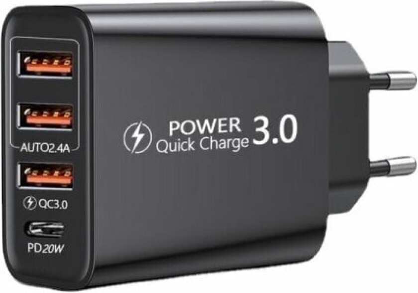 Hurtiglader 3.0 USB vegglader og USB C-kabel, QC 3.0 30W/6A 4-porters hurtig