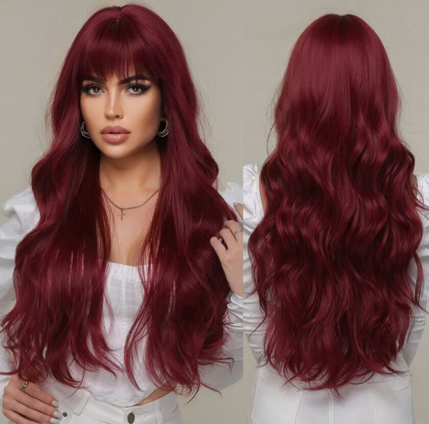 Rød Parykk for Kvinner Lang Bølget Burgunder Rød Parykk med Frynser Syntetisk Parykk Varmebestandig Naturlig Hår for Daglig Fest Cosplay Bruk Gave 30 Tommer