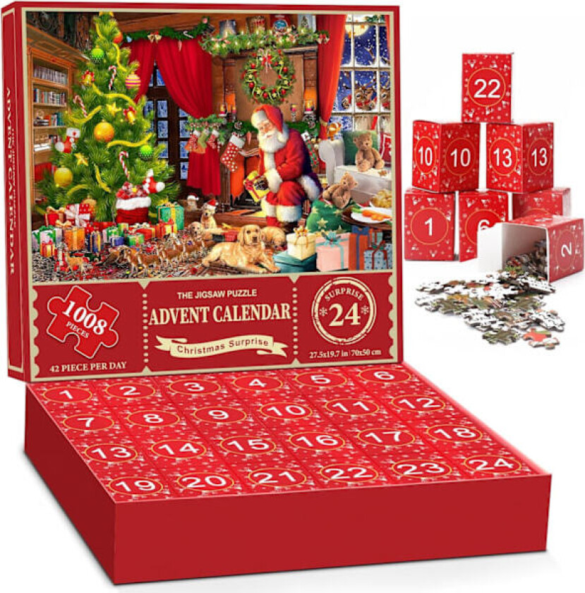 Jigsaw-puslespill Adventskalender 2024 - 1008-delt puslespill for voksne og barn, 24-dagers nedtelling, Julenissens overraskelse