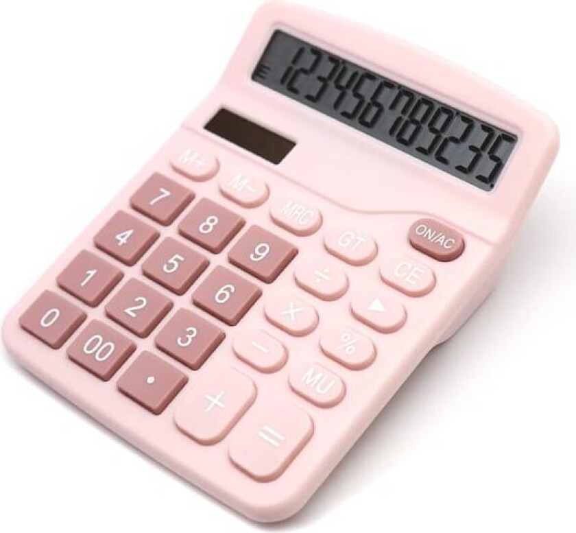 Rosa kalkulator, skrivebordskalkulator 12 siffer med stor LCD-skjerm